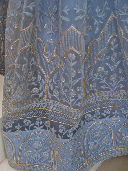 Fascinating Light Blue Thread Work Net Designer Lehenga Choli - Zeel Clothing