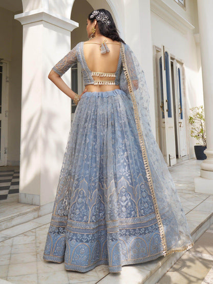 Fascinating Light Blue Thread Work Net Designer Lehenga Choli - Zeel Clothing