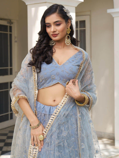 Fascinating Light Blue Thread Work Net Designer Lehenga Choli - Zeel Clothing