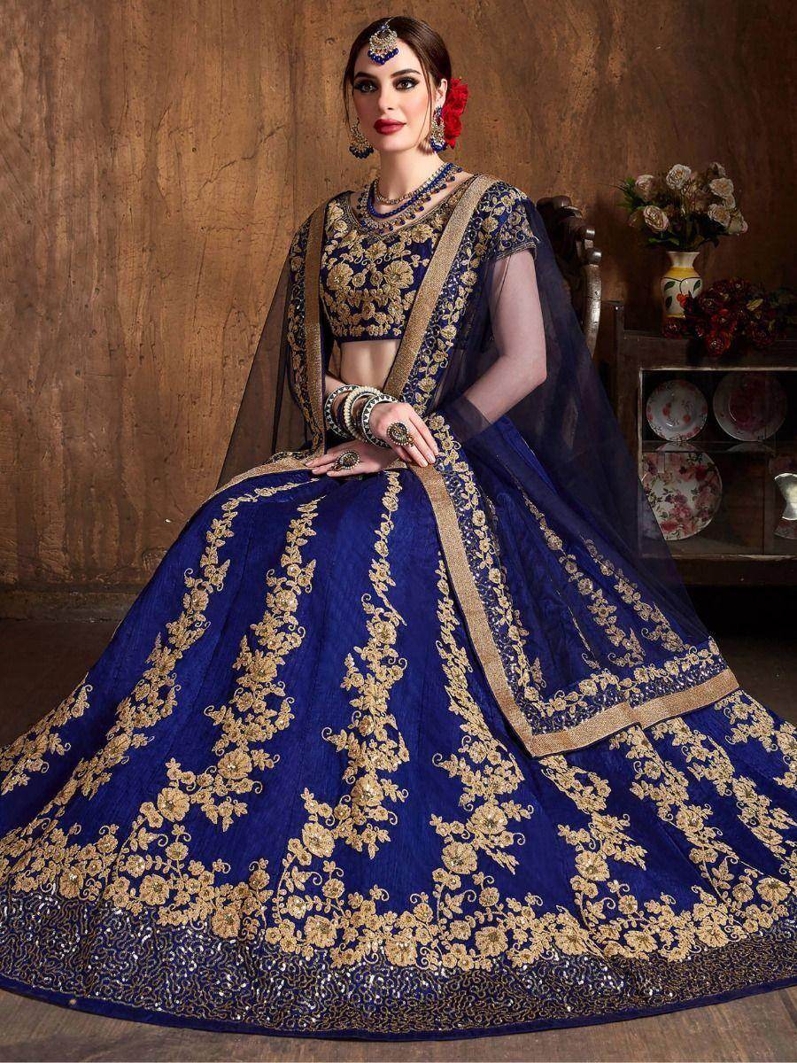 Fascinating Navy Blue Embroidered Raw Silk Lehenga Choli - Zeel Clothing