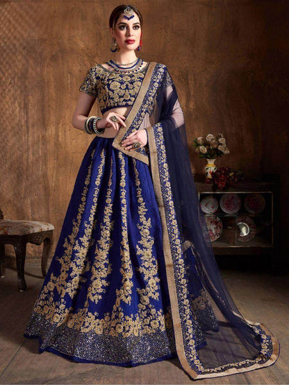 Fascinating Navy Blue Embroidered Raw Silk Lehenga Choli - Zeel Clothing