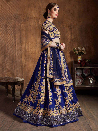 Fascinating Navy Blue Embroidered Raw Silk Lehenga Choli - Zeel Clothing