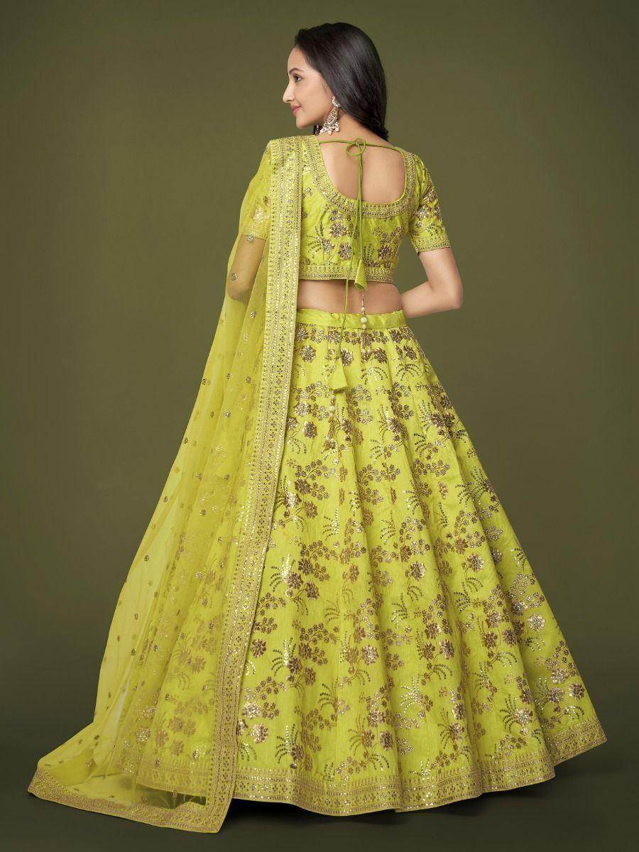 Fascinating Neon Green Sequins Silk Sangit Wear Lehenga Choli - Zeel Clothing