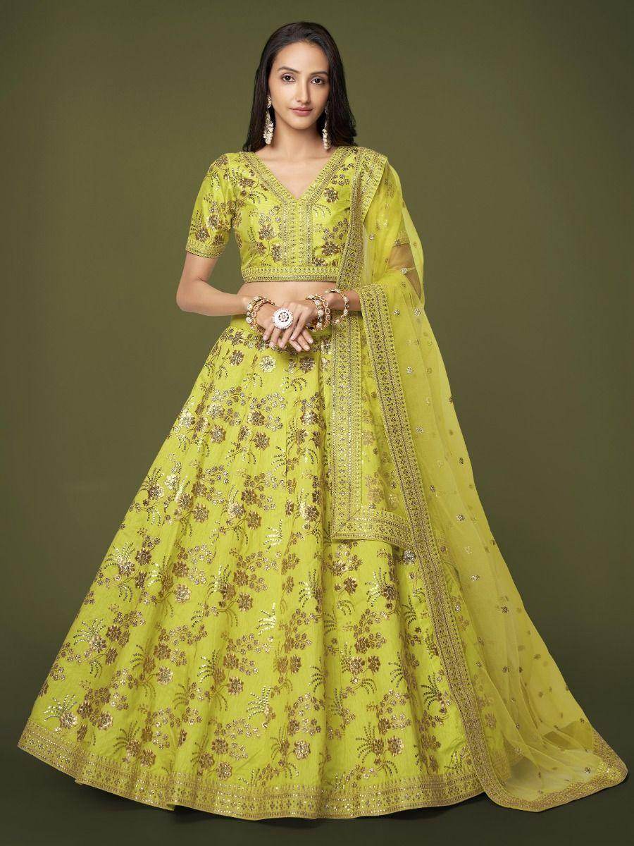 Fascinating Neon Green Sequins Silk Sangit Wear Lehenga Choli - Zeel Clothing