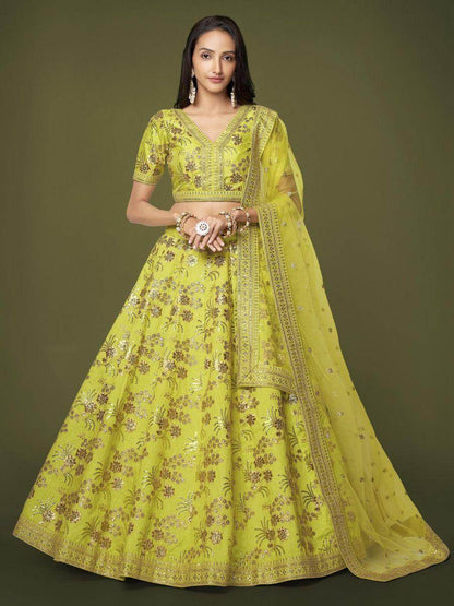 Fascinating Neon Green Sequins Silk Sangit Wear Lehenga Choli - Zeel Clothing