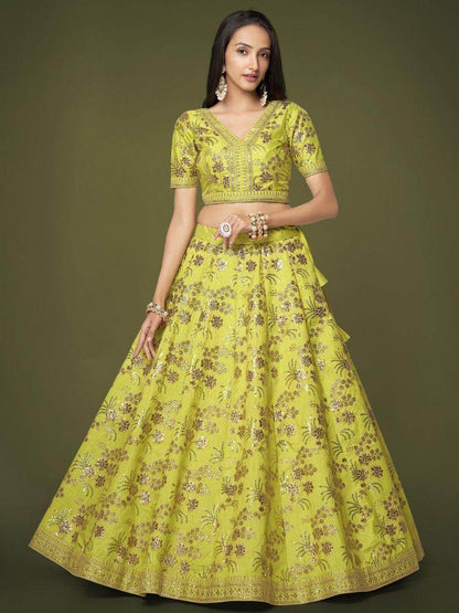 Fascinating Neon Green Sequins Silk Sangit Wear Lehenga Choli - Zeel Clothing