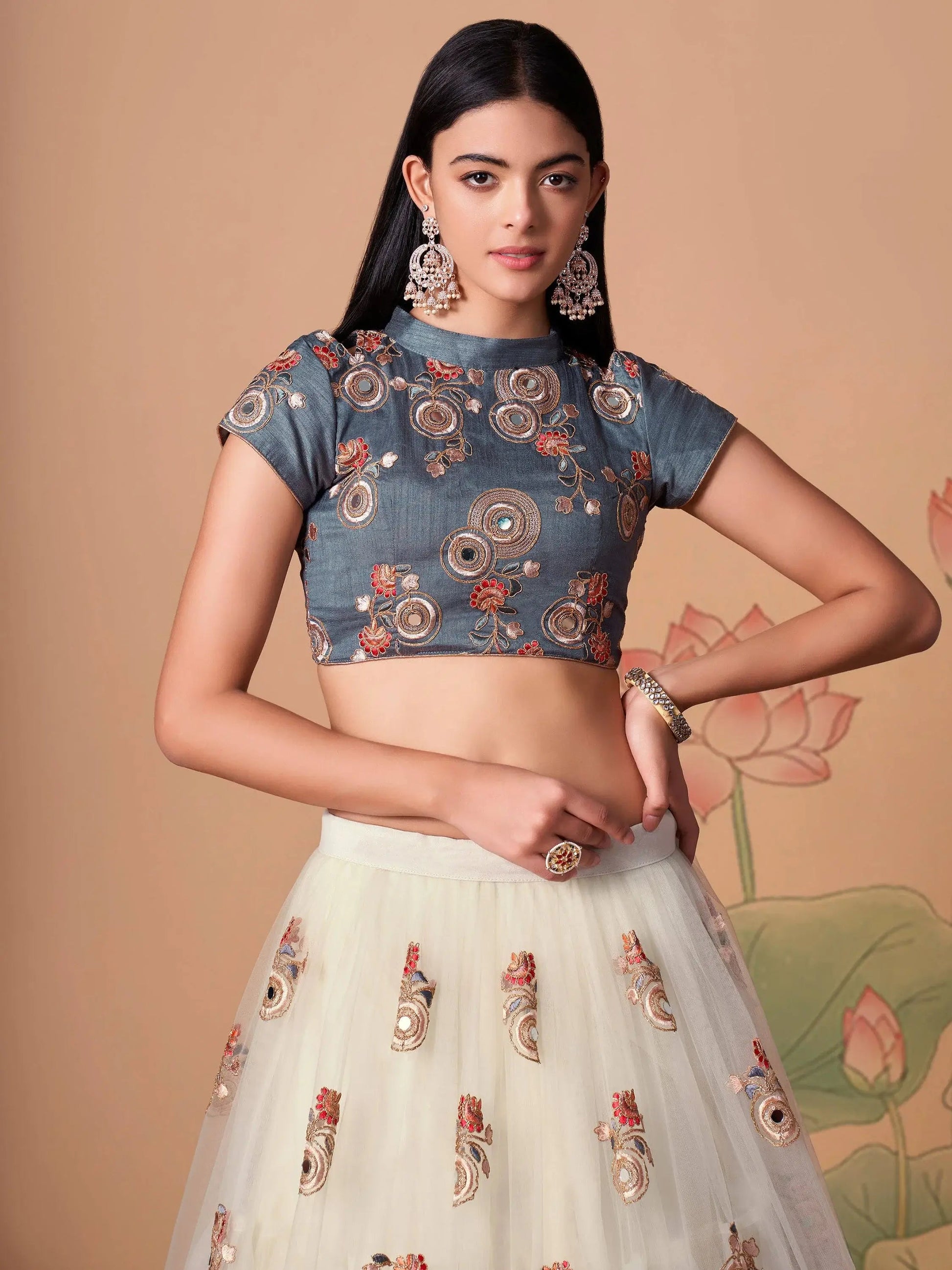 Fascinating Off-White Mirror Work Net Party Wear Lehenga Choli - Zeel Clothing