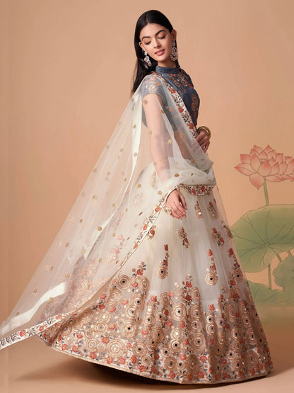 Fascinating Off-White Mirror Work Net Party Wear Lehenga Choli - Zeel Clothing