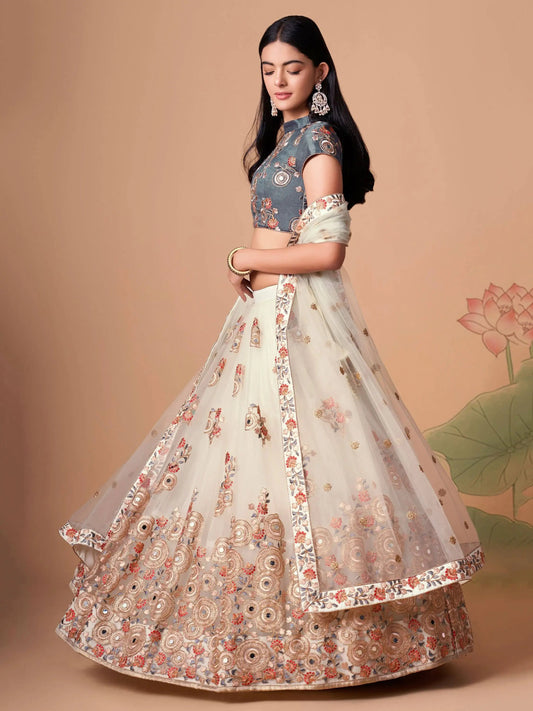 Fascinating Off-White Mirror Work Net Party Wear Lehenga Choli - Zeel Clothing