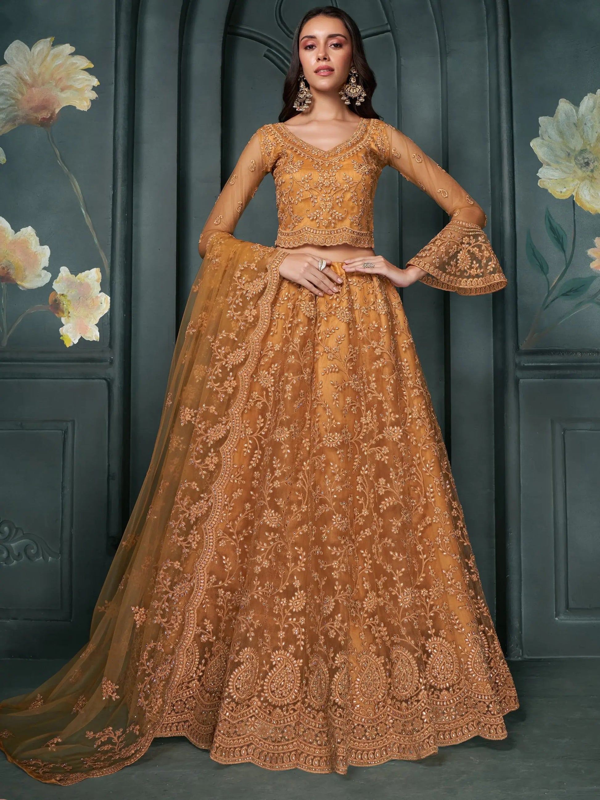 Fascinating Orange Thread Work Net Engagement Wear Lehenga Choli - Zeel Clothing
