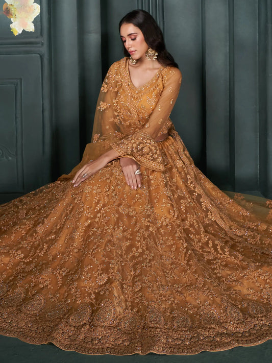 Fascinating Orange Thread Work Net Engagement Wear Lehenga Choli - Zeel Clothing