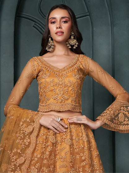 Fascinating Orange Thread Work Net Engagement Wear Lehenga Choli - Zeel Clothing