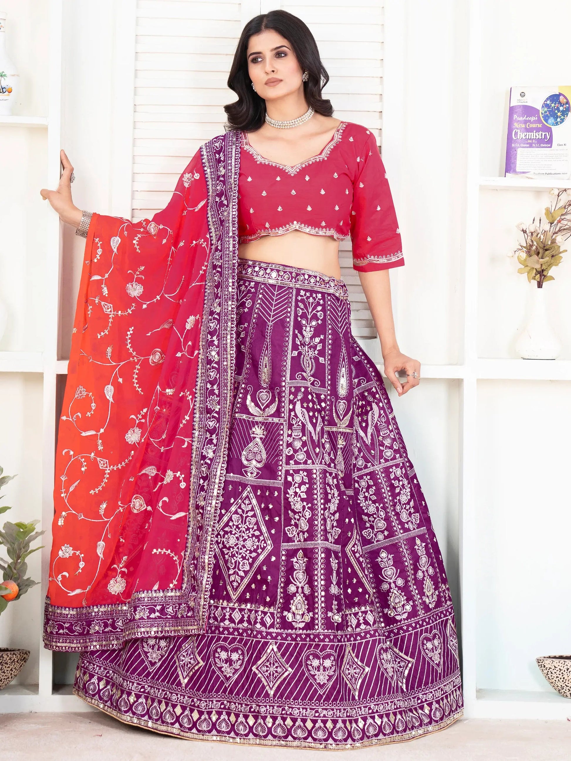 Fascinating Purple Sequins Silk Wedding Lehenga Choli With Dupatta - Zeel Clothing