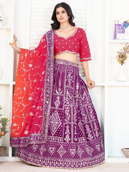 Fascinating Purple Sequins Silk Wedding Lehenga Choli With Dupatta - Zeel Clothing