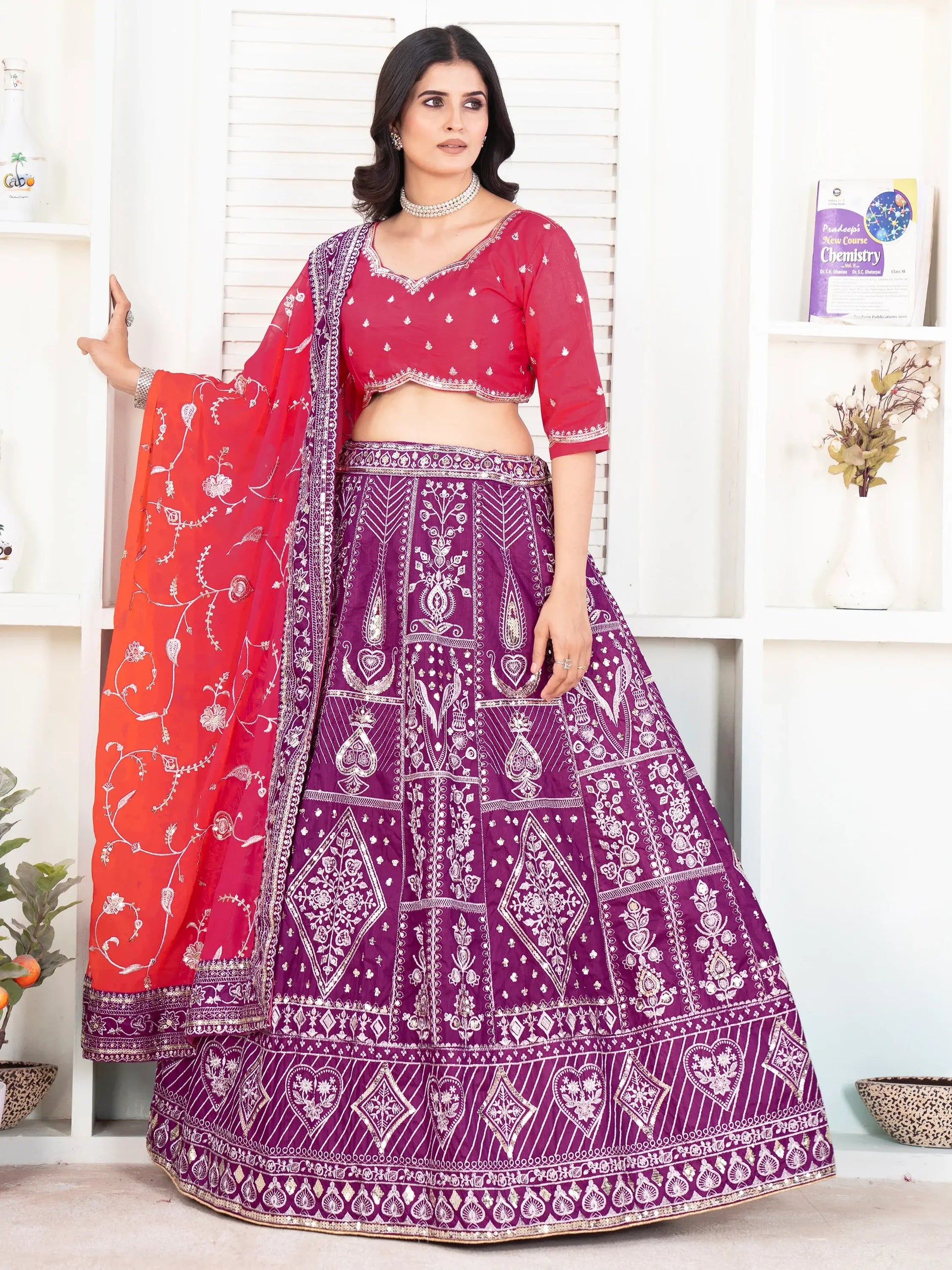 Fascinating Purple Sequins Silk Wedding Lehenga Choli With Dupatta - Zeel Clothing