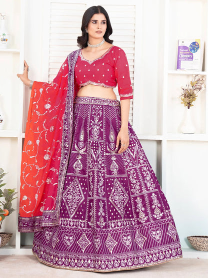 Fascinating Purple Sequins Silk Wedding Lehenga Choli With Dupatta - Zeel Clothing