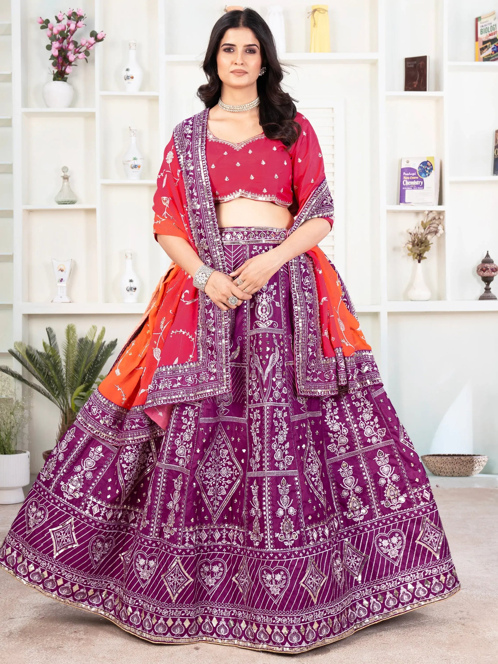 Fascinating Purple Sequins Silk Wedding Lehenga Choli With Dupatta - Zeel Clothing