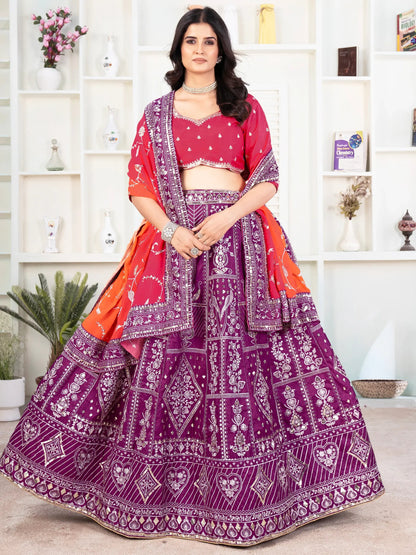 Fascinating Purple Sequins Silk Wedding Lehenga Choli With Dupatta - Zeel Clothing