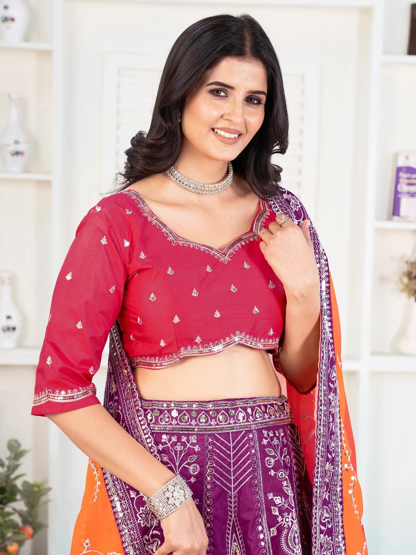 Fascinating Purple Sequins Silk Wedding Lehenga Choli With Dupatta - Zeel Clothing