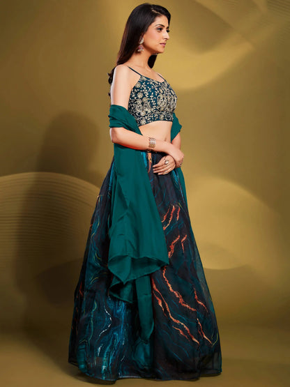 Fascinating Teal Blue Sequins Organza Party Wear Lehenga Choli - Zeel Clothing