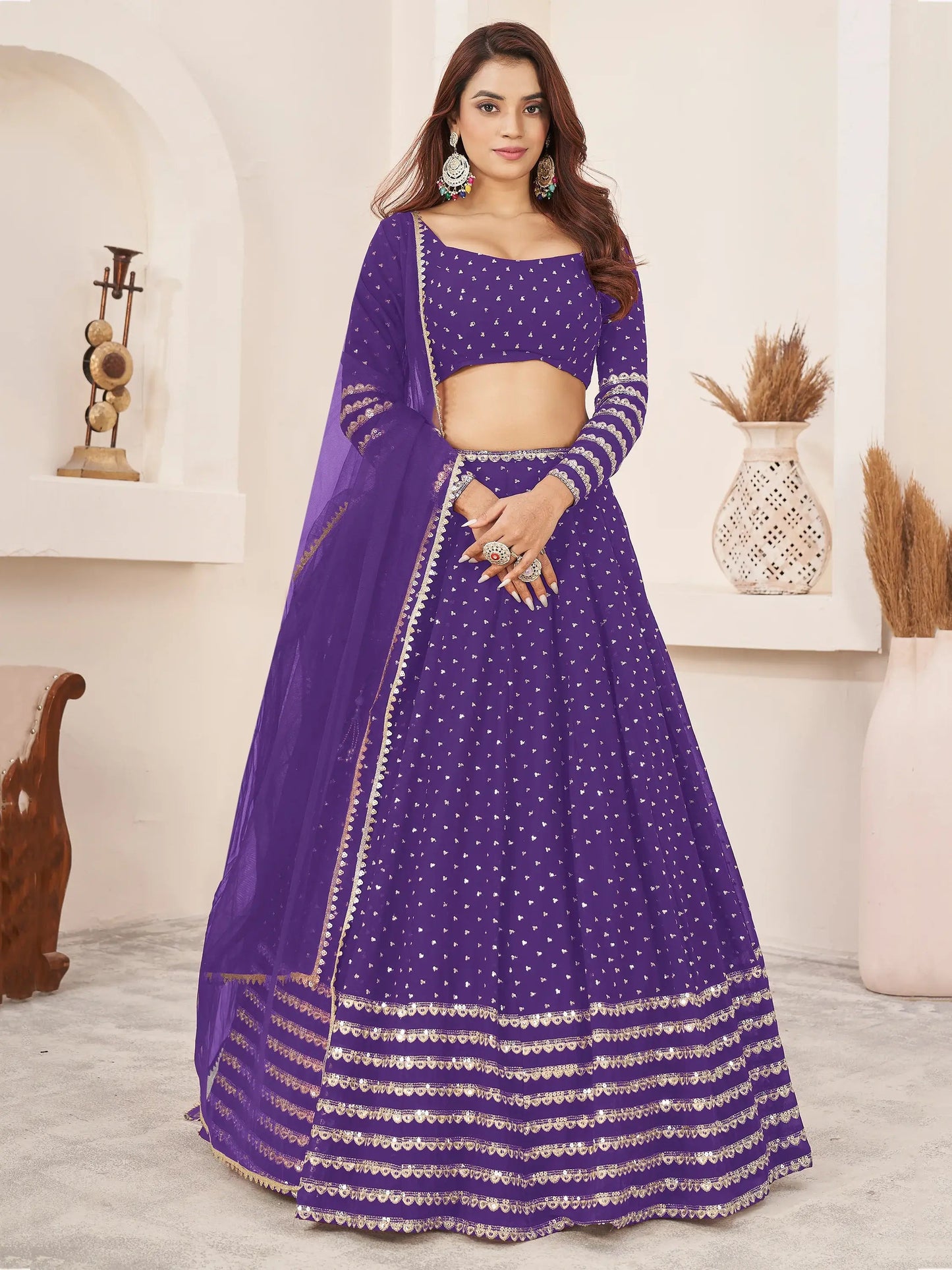 Fascinating Violet Sequins Georgette Engagement Wear Lehenga Choli - Zeel Clothing
