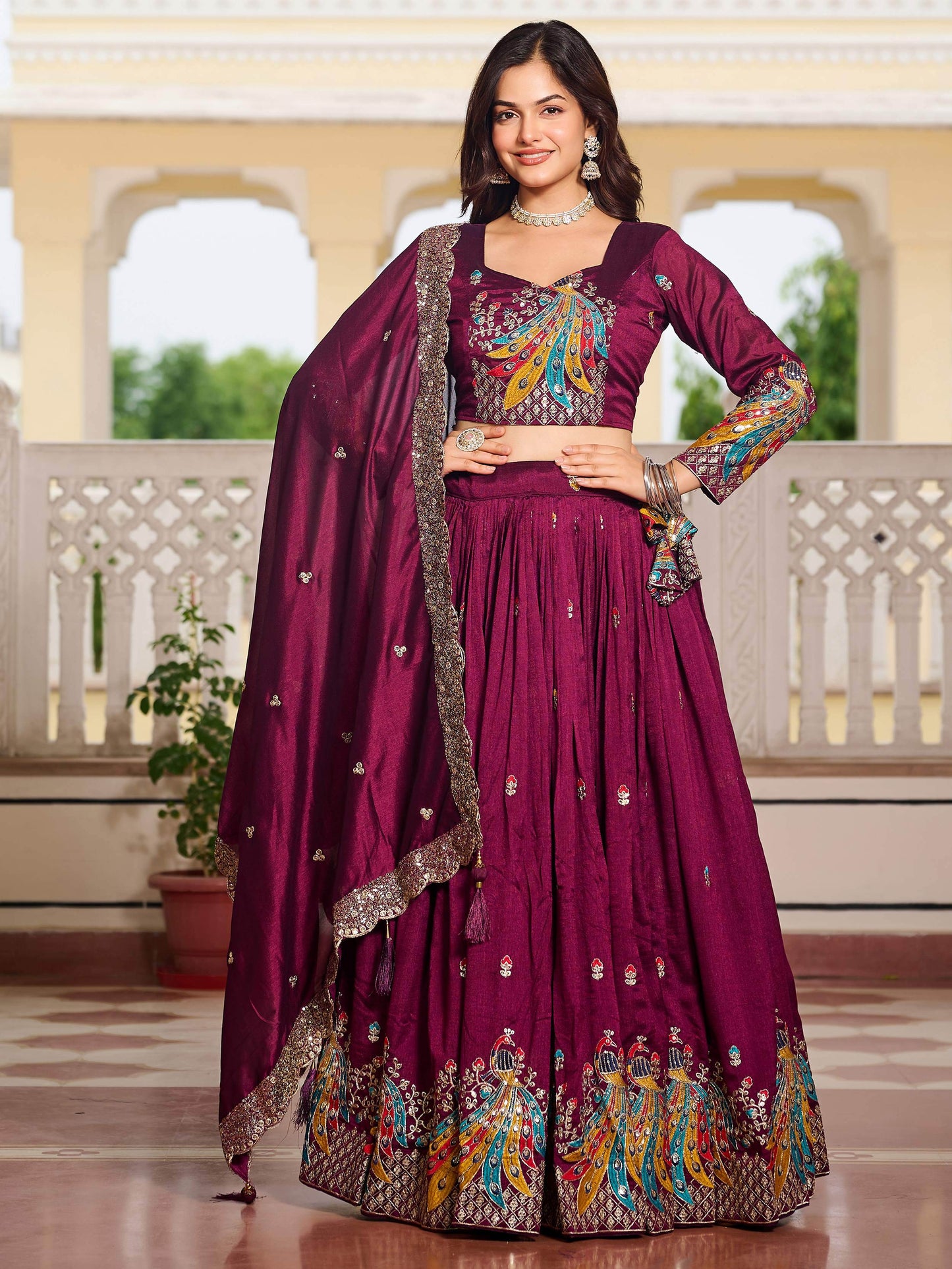 Fascinating Wine Sequins Work Vichitra Silk Bridesmaid Lehenga Choli With Dupatta - Zeel Clothing