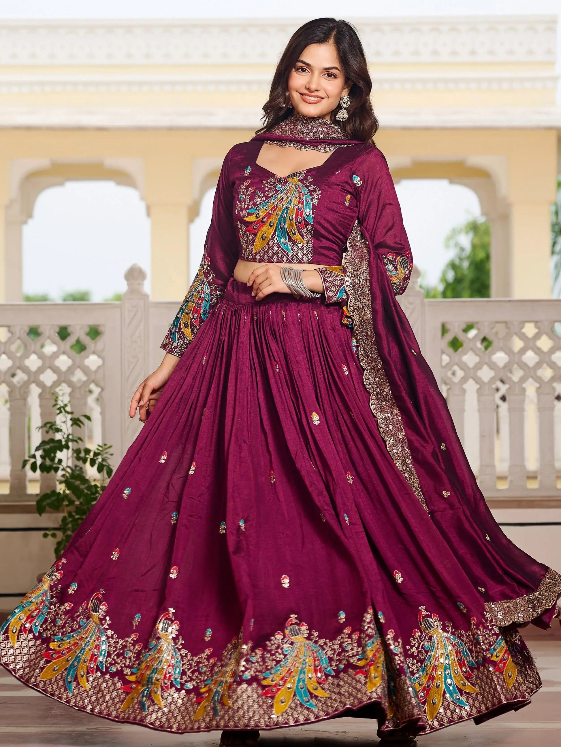 Fascinating Wine Sequins Work Vichitra Silk Bridesmaid Lehenga Choli With Dupatta - Zeel Clothing