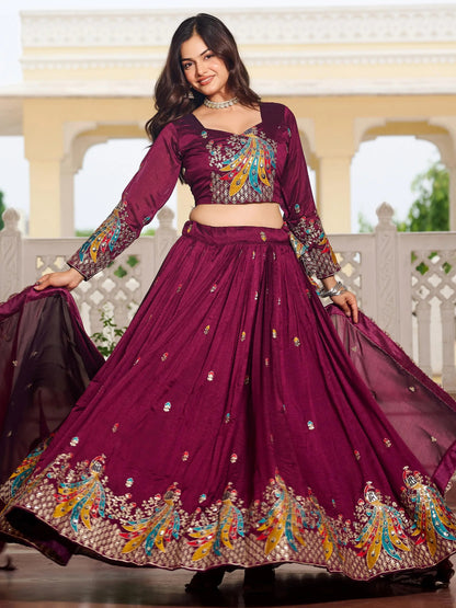 Fascinating Wine Sequins Work Vichitra Silk Bridesmaid Lehenga Choli With Dupatta - Zeel Clothing