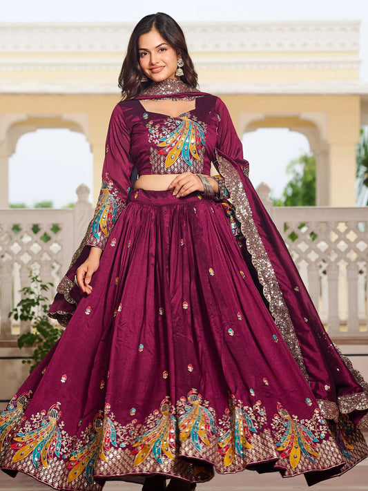 Fascinating Wine Sequins Work Vichitra Silk Bridesmaid Lehenga Choli With Dupatta - Zeel Clothing