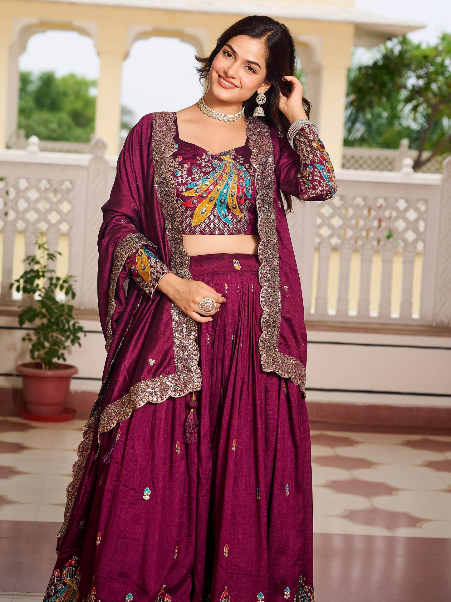 Fascinating Wine Sequins Work Vichitra Silk Bridesmaid Lehenga Choli With Dupatta - Zeel Clothing