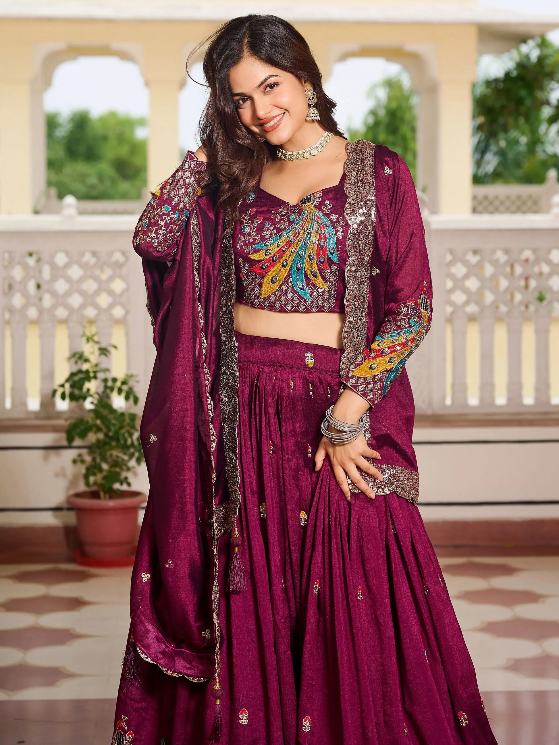 Fascinating Wine Sequins Work Vichitra Silk Bridesmaid Lehenga Choli With Dupatta - Zeel Clothing
