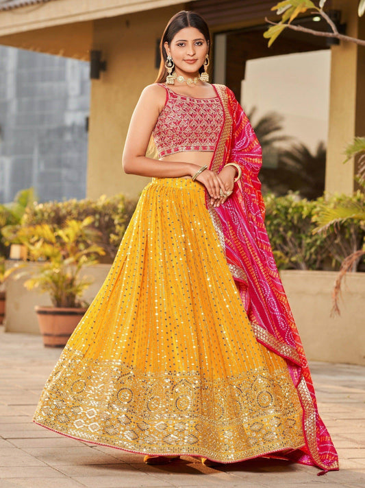 Fascinating Yellow Sequins Georgette Traditional Lehenga Choli - Zeel Clothing