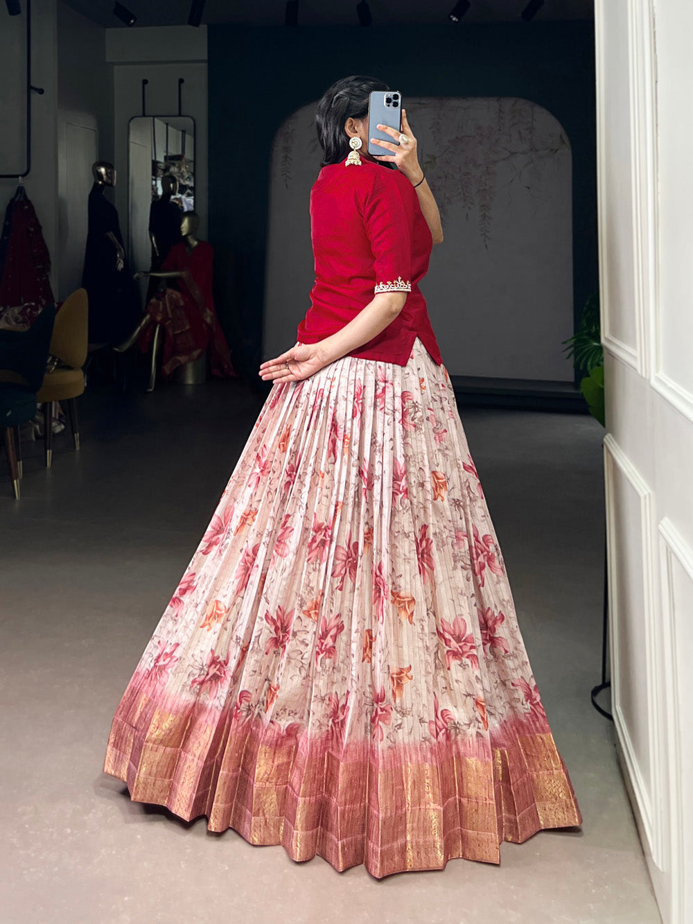 Red Color Floral Print With Zari Weaving Work Dola Chex Co-Ord Set