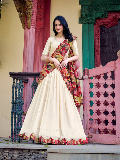 Off White Color Sequins And Thread Embroidery Work Vichitra Silk Lehenga