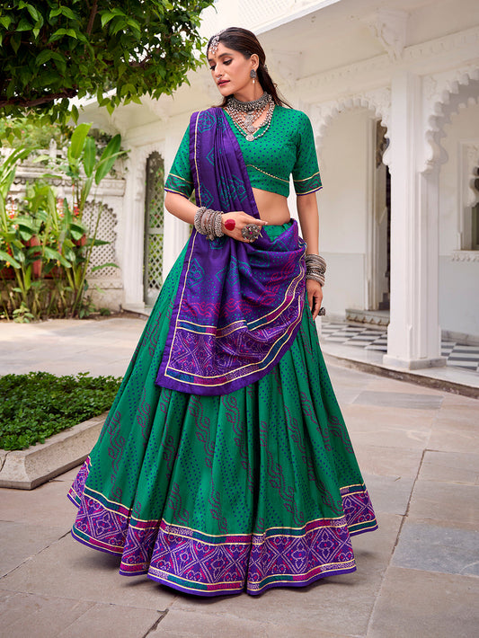 Green Color Bandhej Print With Gotta Patti Lace Tasar Silk Lehenga Choli