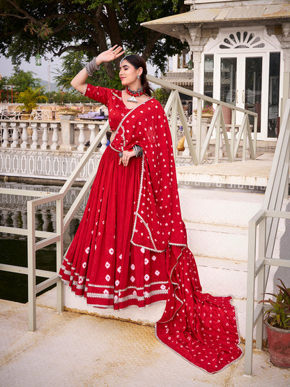 Red Color Bandhej Print With Lace Touch Up Chanderi Chaniya Choli