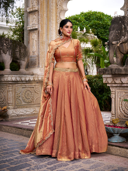 Rust Orange Color Sequins And Thread Embroidery Work Belt Fendi Lehenga Choli