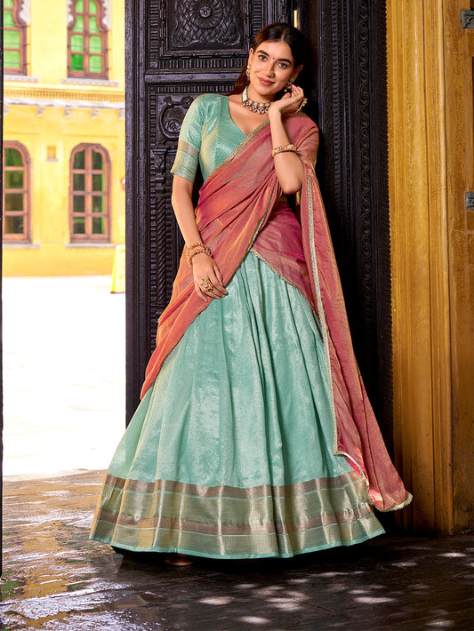 Sky Blue Color Zari Weaving Work Dupion Silk Lehenga Choli