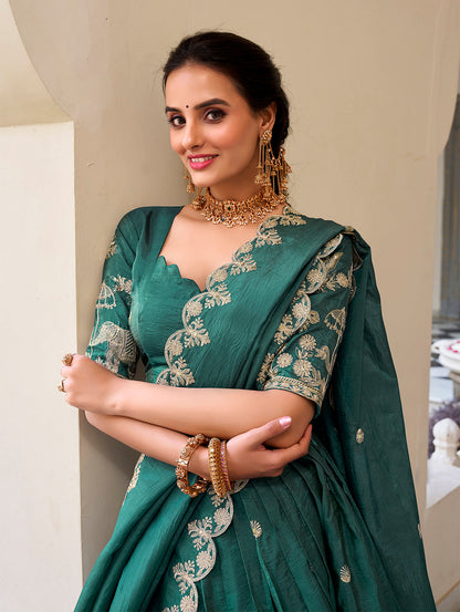 Teal Color Sequins and Thread Embroidery Work Gold Crush Lehenga Choli