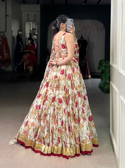 White Color Floral And Foil Print With Embossed Design Chiffon Ghaghra choli