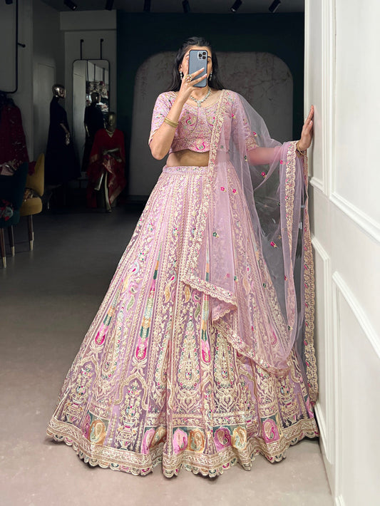 Lavender Color Sequins And Thread Embroidery Work Net Lehenga Choli