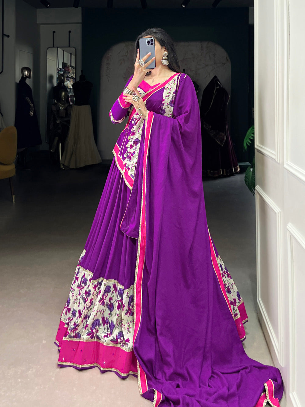 Purple Color Printed And Original Mirror Lace Border Rayon Lehenga Choli
