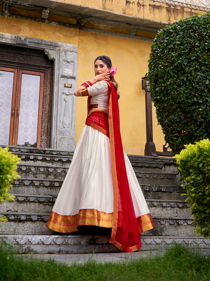 White Color Zari Weaving Work Poly Cotton Lehenga choli