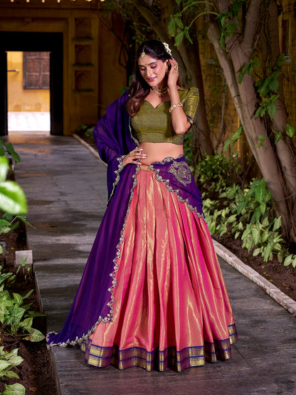 Purple Color Sequince And Thread Embroidery Work Kanchipuram Lehenga Choli