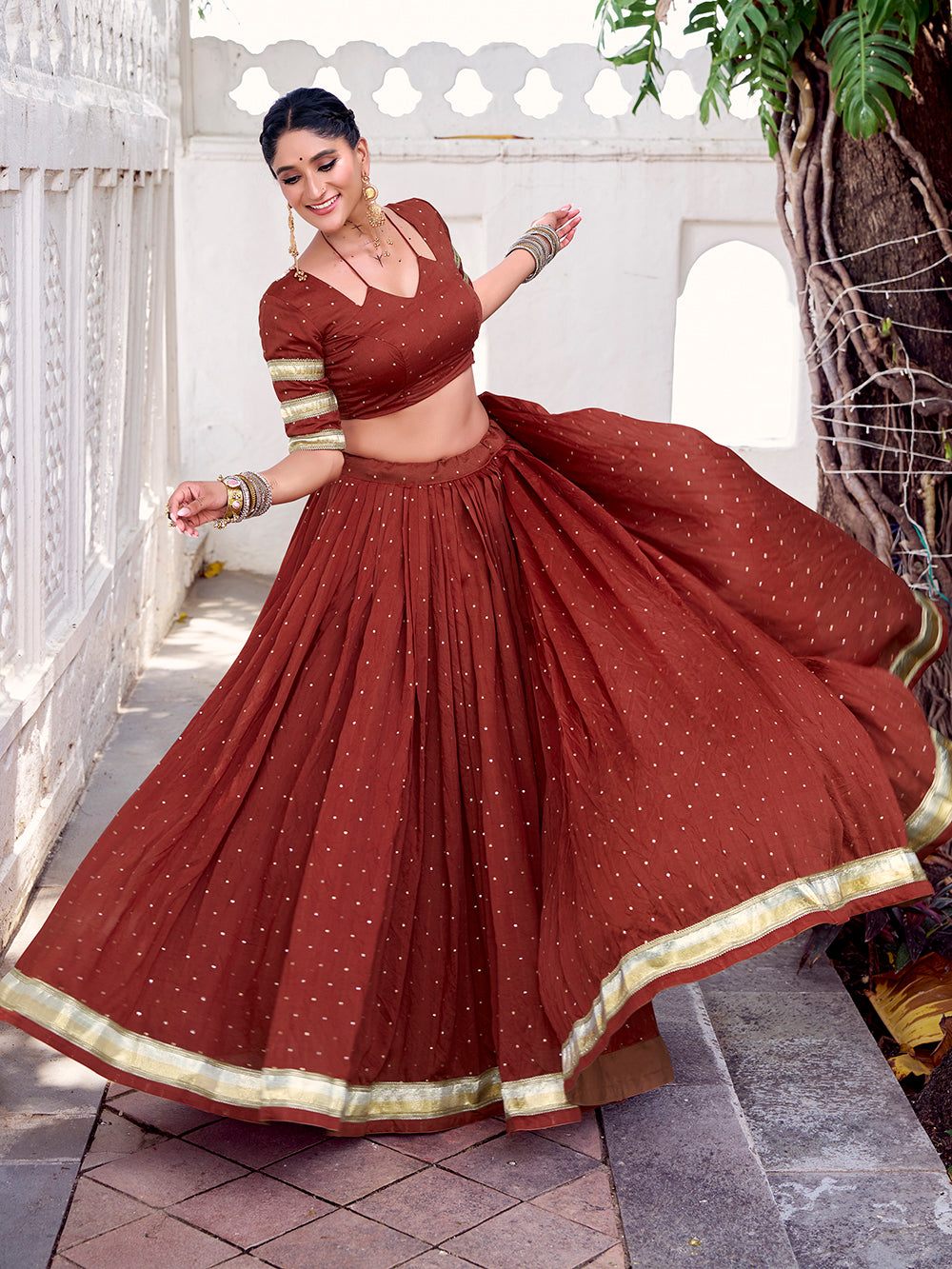 Rust Orange Color Zari Weaving Work With Embossed Design Chanderi Lehenga Choli