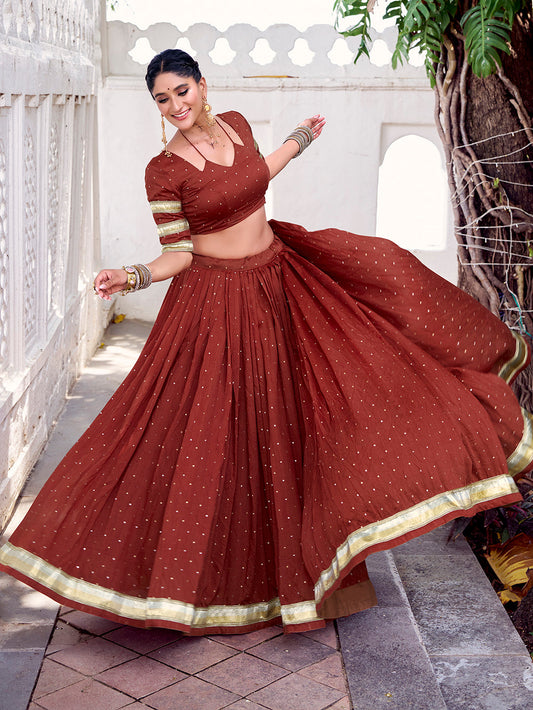 Rust Orange Color Zari Weaving Work With Embossed Design Chanderi Lehenga Choli