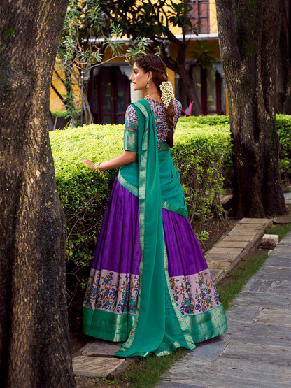 Pruple Color Printed With Zari Weaving Work Astha Silk Lehenga Choli