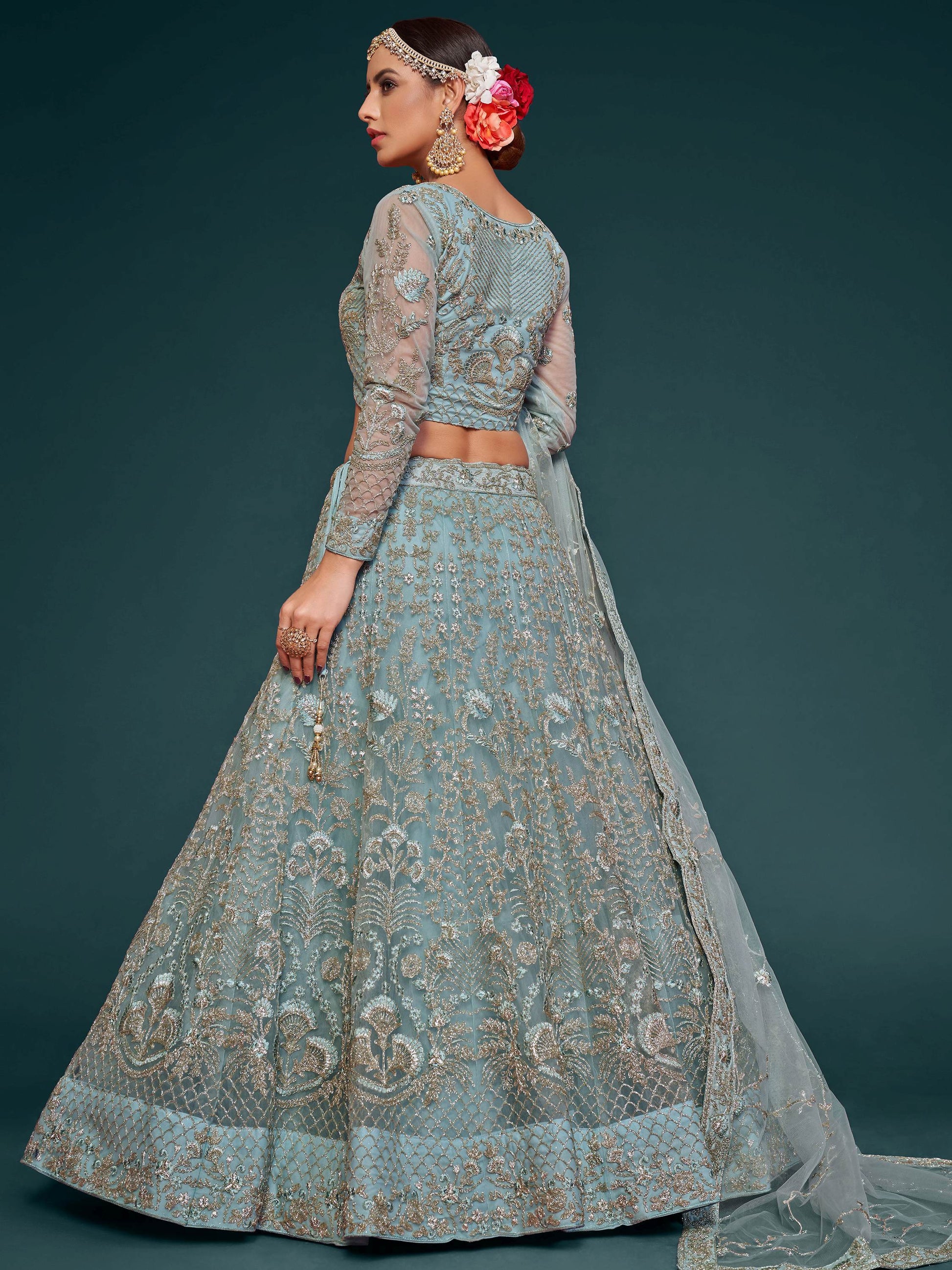 Fetching Aqua Blue Embroidered Soft Net Lehenga Choli With Dupatta - Zeel Clothing