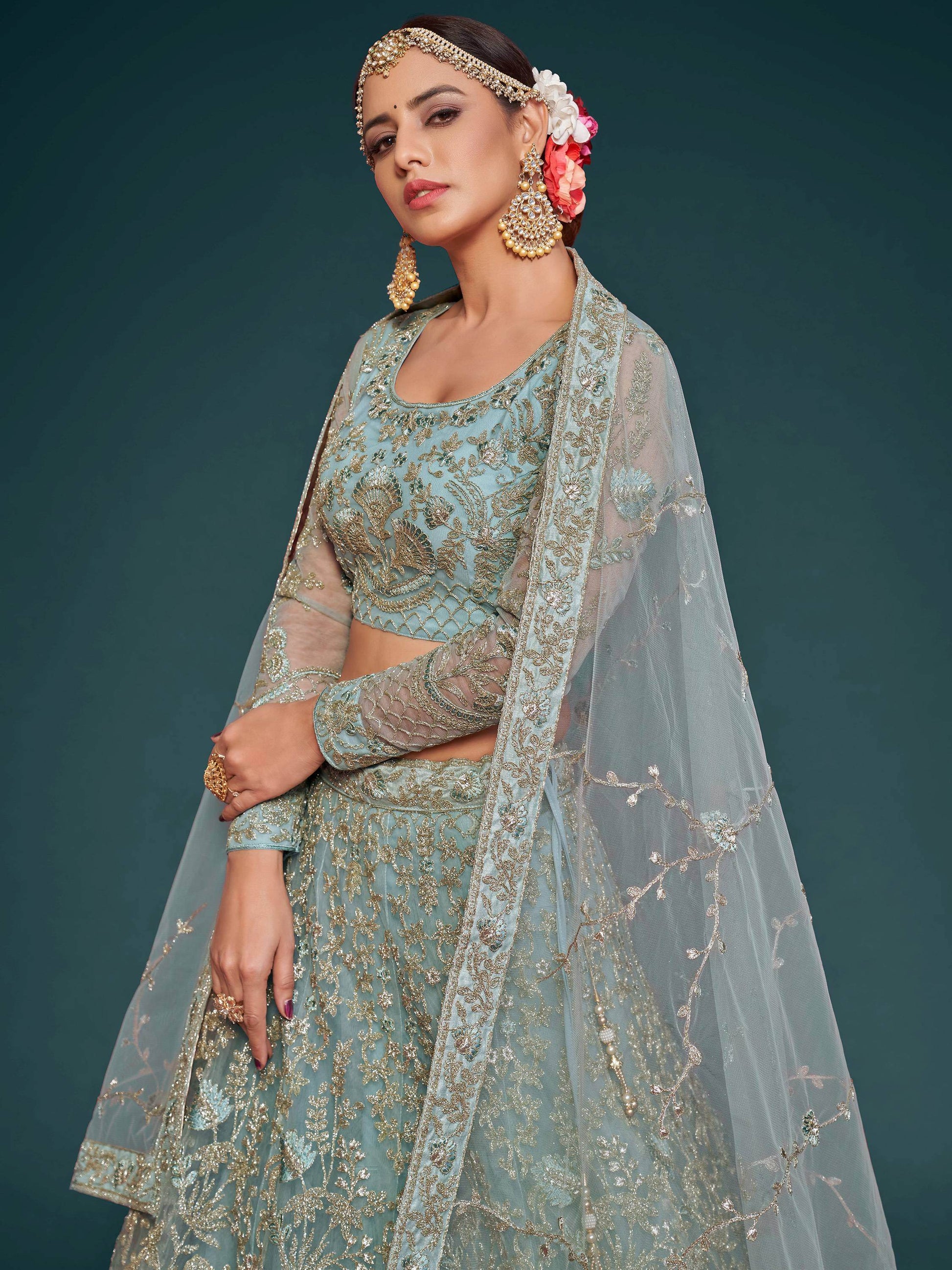 Fetching Aqua Blue Embroidered Soft Net Lehenga Choli With Dupatta - Zeel Clothing