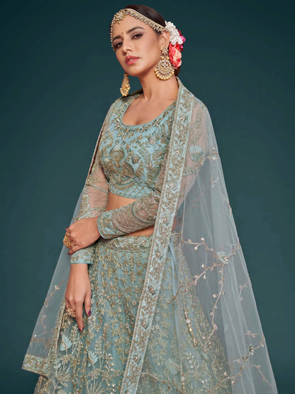Fetching Aqua Blue Embroidered Soft Net Lehenga Choli With Dupatta - Zeel Clothing
